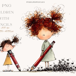 Puede incluir: Ilustración de dos niños con lápices. Uno lleva un vestido amarillo, el otro un vestido verde. La imagen incluye el texto "12 PNG CHILDREN WITH PENCILS 300 dpi 4096 x 4096 px" en la parte superior izquierda y "PIXELPOPSICLES" en la parte superior derecha.