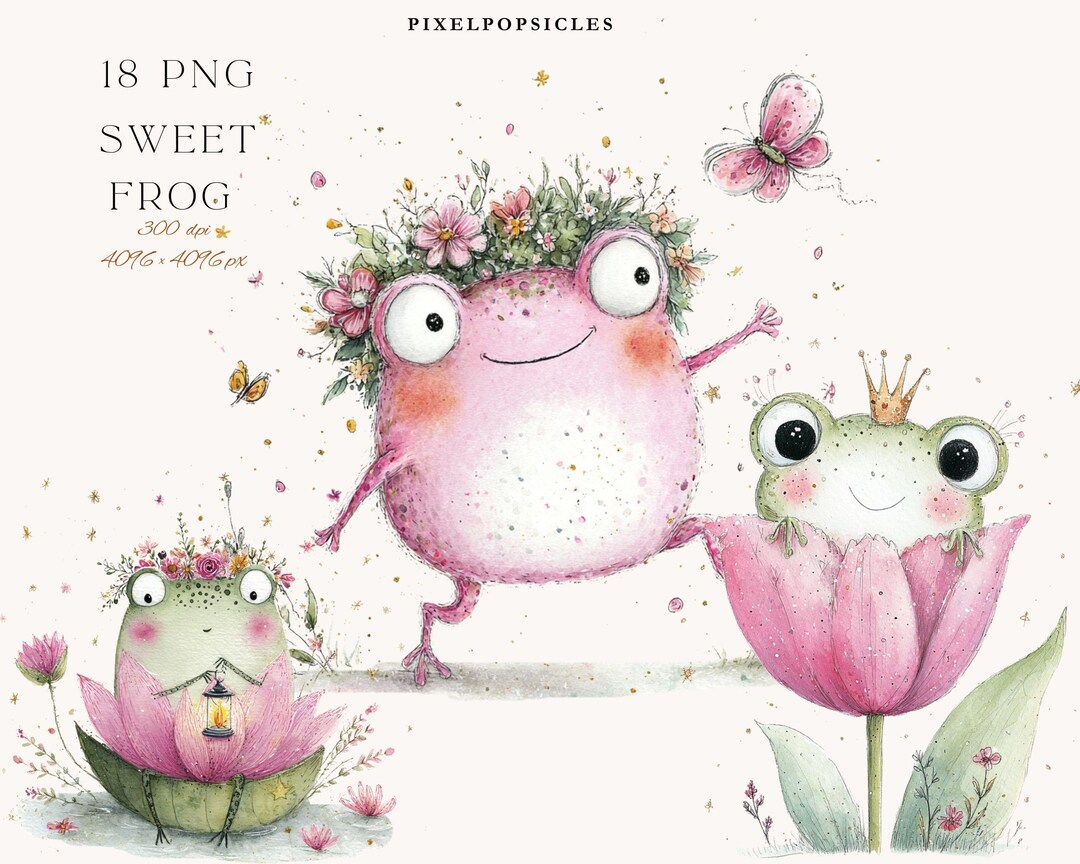 Pink Frog Clipart PNG | Watercolor Frogs | Pink Floral Fairy Style ...