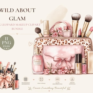 Pink Leopard Makeup Clipart Bundle, Watercolor Cosmetics PNG, Beauty Bag & Makeup Artist Clipart, Girly Fashion Digital Download