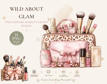 Pacchetto di clipart di trucco con leopardo rosa ad acquerello, trousse di bellezza PNG (download digitale)