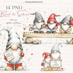 May include: Watercolor illustration featuring several gnomes with long white beards and pointed hats. Some gnomes hold school-themed items like an apple and a sign that says "Back to School". The image has a whimsical, back-to-school theme.