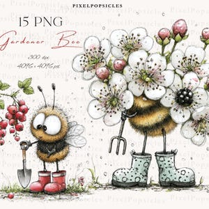 May include: A whimsical illustration of a bee as a gardener, holding a small shovel and wearing red boots. Another bee figure holds a pitchfork and wears patterned boots. The image includes text that reads "Gardener Bee" and "15 PNG".