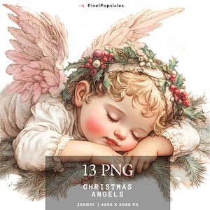 Puede incluir: Una ilustración digital de un ángel durmiendo con alas rosadas y una corona de acebo. El ángel lleva un vestido blanco y tiene el pelo rubio. La imagen está sobre un fondo blanco.