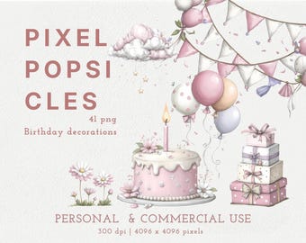 May include: A digital illustration set featuring the text PIXEL POPSICLES 41 png Birthday decorations. Includes a pink frosted cake with a candle, a stack of four gift boxes with bows, pink and white balloons, floral accents, and bunting flags.