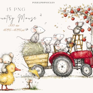 Puede incluir: Ilustración en acuarela titulada "Country Mouse" con varios ratones, un tractor rojo, un pato amarillo y un manzano. La imagen incluye el texto "15 PNG" y "300 dpi".