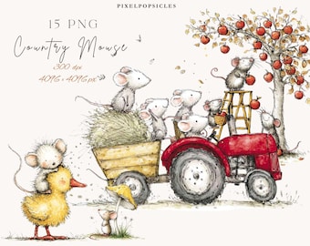 Country Mouse Clipart: 15 Whimsical Animal PNG Illustrations  for Nursery Decor & Kids Party Crafts