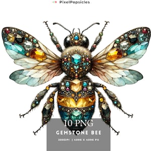 May include: A detailed illustration of a bee with wings made of colorful gemstones. The bee's body is also covered in gems, including turquoise, emerald, ruby, and sapphire. The bee is set against a white background.