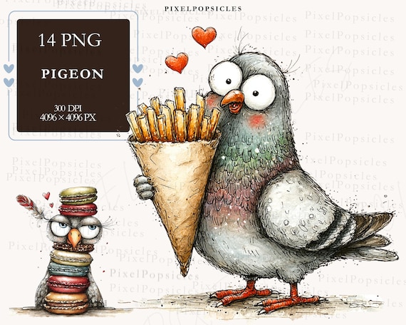 Funny Pigeon Clipart PNG, Sketchy City Bird with French Fries and Macarons