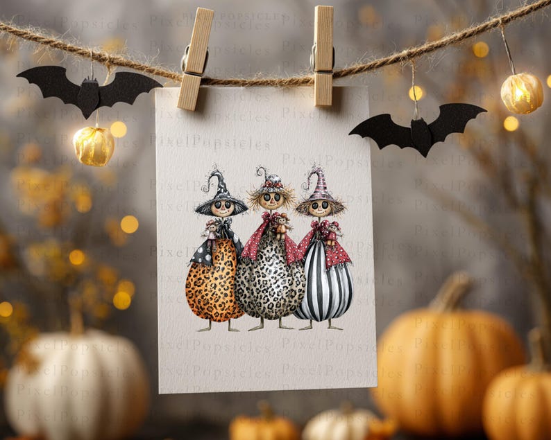 May include: A rectangular card suspended from a twine string by two wooden clips, displaying an illustration of three figures wearing witch hats. The figures are dressed in patterned outfits featuring leopard print, spots, and stripes, each holding a small doll.