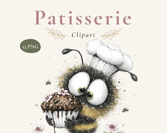 Watercolor Bee Patisserie Clipart: Whimsical sweet Bee PNG