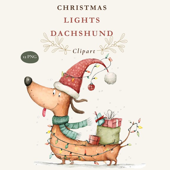 Christmas Lights Dachshund Clipart, 12 Watercolor Holiday Dog PNGs