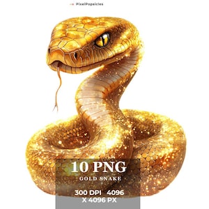 May include: A golden snake with sparkling scales, curled up in a coil. The snake has a detailed texture and a realistic appearance. 10 PNG Gold Snake 300 DPI 4096 x 4096 PX