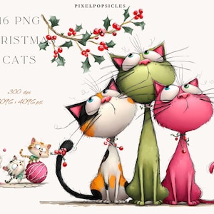 May include: A whimsical illustration features several cartoon cats in various colors, including orange, green, and pink, with exaggerated features. The image includes text that reads "16 PNG Christmas Cats". A sprig of holly with red berries is also present.