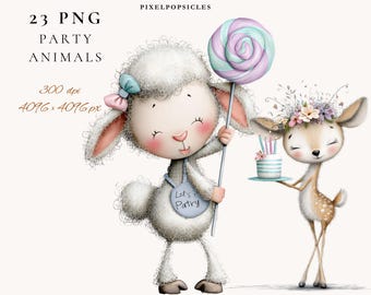 Whimsical Party Animals Clipart: Birthday PNG Bundle