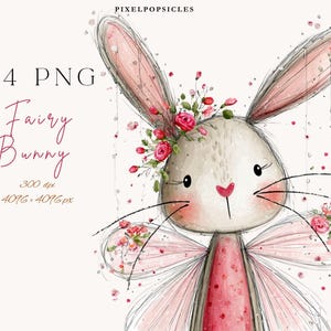 Peut inclure: Illustration à l'aquarelle d'un lapin féerique avec des accents floraux roses et rouges. Le lapin a de grandes oreilles, un nez rose et une couronne florale. Le texte "14 PNG Fairy Bunny 300 dpi 4096 x 4096 px" est inclus.