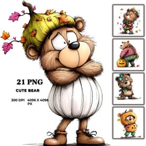 May include: A set of 21 digital illustrations of cute bears in various poses and costumes. The bears are wearing autumn-themed outfits, including a pumpkin costume, a fall leaf costume, and a bear costume with a pumpkin on its head. The illustrations are in PNG format and are 300 DPI, 4096 x 4096 pixels.