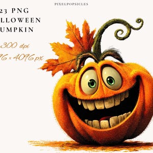 May include: A cartoon illustration of a smiling orange Halloween pumpkin with large green eyes and a wide grin. The pumpkin has a curly green stem and a large orange leaf. Text on the left reads "23 PNG HALLOWEEN PUMPKIN" and "4096 x 4096 px".