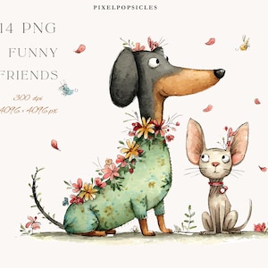 May include: A watercolour illustration of a dachshund and a cat, decorated with floral garlands. The dachshund is wearing a green sweater. The image includes the text "14 PNG FUNNY FRIENDS" and image resolution details.