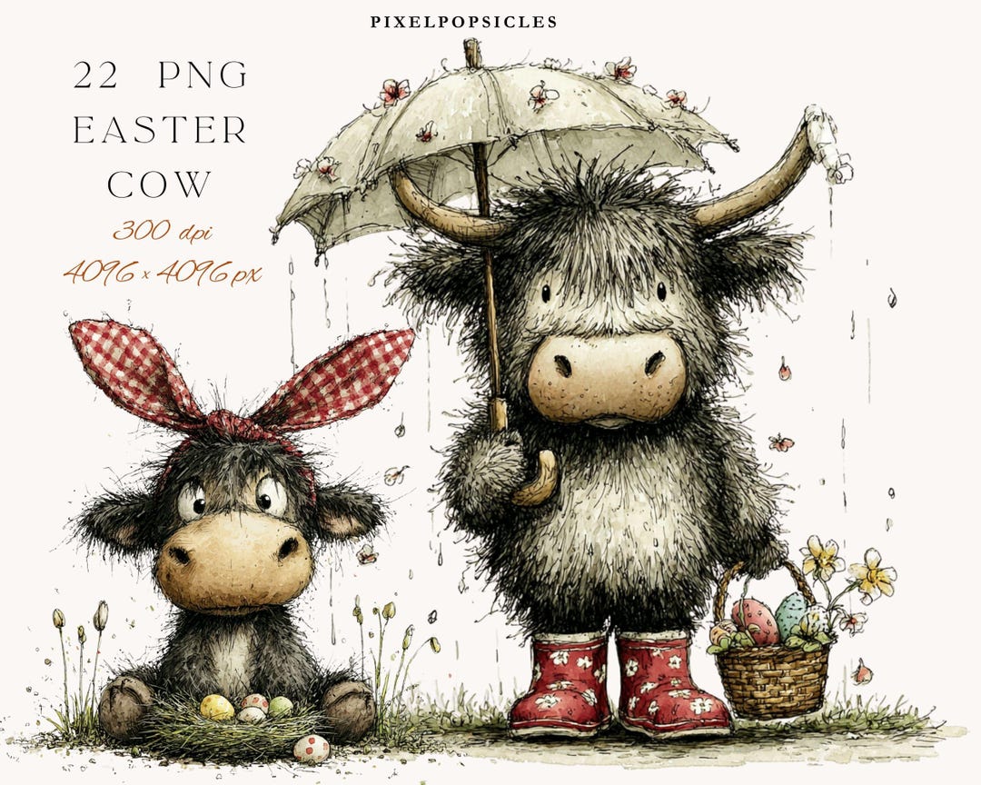 Spring Cow Drawings Easter Clipart: Watercolor Spring Cow Illustrations (digital Download ...