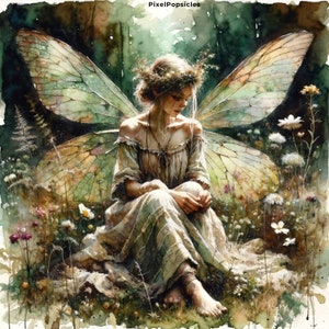 May include: A watercolor painting of a fairy with green wings sitting in a field of wildflowers. The fairy is wearing a white dress and has a flower crown on her head.