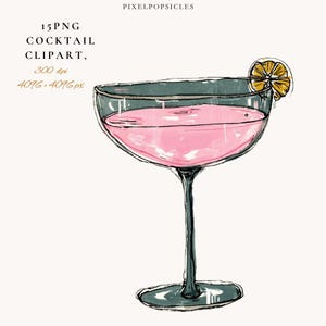 May include: Illustration of a cocktail in a coupe glass with a pink liquid and a lemon slice. The glass has a dark teal rim and stem. Text in the image reads "15 PNG COCKTAIL CLIPART, 300 dpi 4096 x 4096 px".