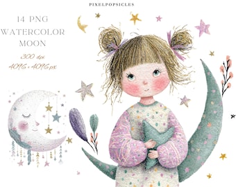 Puede incluir: Ilustración en acuarela que presenta a una niña con coletas sosteniendo una estrella, sentada en una luna creciente. La imagen incluye estrellas, una luna durmiente y el texto "14 PNG Watercolor Moon" y "300 dpi 4096 x 4096 px".