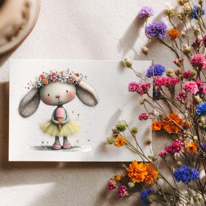 May include: A whimsical illustration of a bunny wearing a floral crown and a yellow tutu, holding an ice cream cone. The bunny is on a white card, with colorful flowers in the background. The overall theme is spring and Easter.