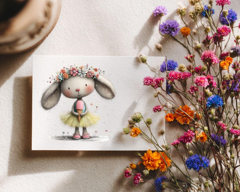 May include: A whimsical illustration of a bunny wearing a floral crown and a yellow tutu, holding an ice cream cone. The bunny is on a white card, with colorful flowers in the background. The overall theme is spring and Easter.