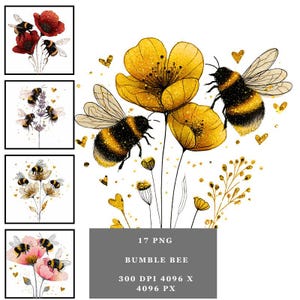 Sobreposições PNG de flores silvestres de abelhas – 17 clipart transparentes de alta resolução para artesanato, cartões, scrapbooking, planejadores, adesivos e uso comercial
