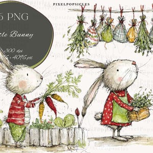 Puede incluir: Ilustración en acuarela con dos conejos en un jardín. Un conejo sostiene zanahorias, el otro lleva una cesta de verduras. La imagen incluye el texto: "16 PNG Little Bunny 300 dpi 4096 x 4096 px".