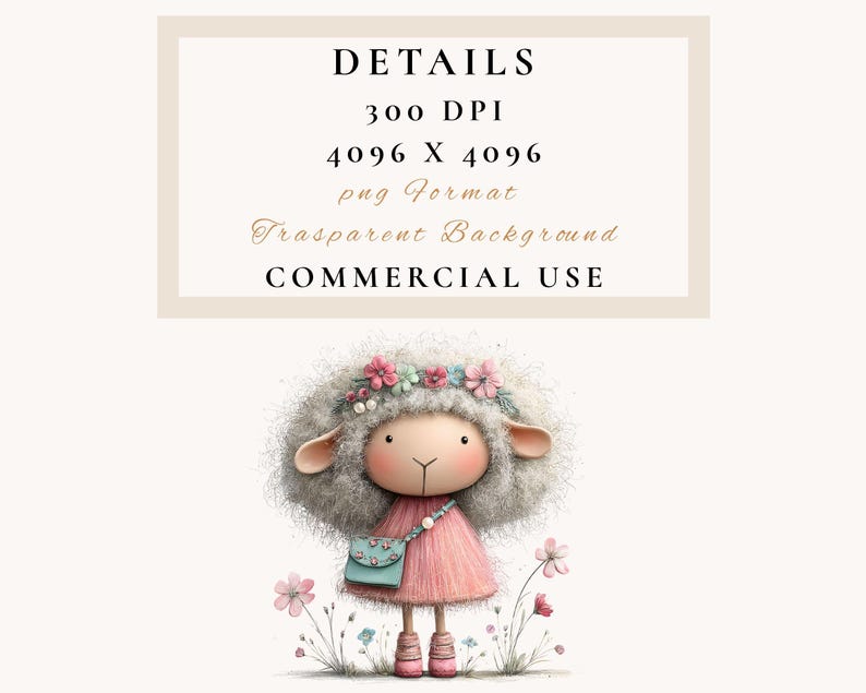 May include: A whimsical illustration of a sheep wearing a pink dress, a floral crown, and a teal purse. The sheep stands among pink flowers. The image includes the text "DETAILS", "300 DPI", "4096 X 4096", "png Format", "Transparent Background", and "COMMERCIAL USE".