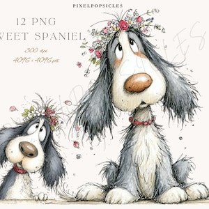 May include: A whimsical illustration of two sweet spaniels, one large and one smaller, both adorned with floral crowns and red collars. The larger dog sits upright, gazing upwards. The image includes the text "12 PNG Sweet Spaniel" and resolution details.