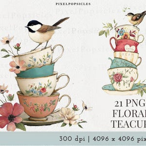Op de afbeelding: Waterverfillustratie van gestapelde bloemen theekopjes met vogels die erbovenop zitten. De theekopjes zijn versierd met bloemen en de tekst "Dream" en "Hope". De afbeelding bevat ook de tekst "21 PNG FLORAL TEACUP".