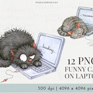 Puede incluir: Ilustración en acuarela de dos gatos con portátiles. Un gato negro está frustrado con un portátil que muestra "...loading.", mientras que un gato gris duerme cerca de un portátil que muestra "...DISCONNECTING.". La imagen incluye el texto "12 PNG FUNNY CAT ON LAPTOP".