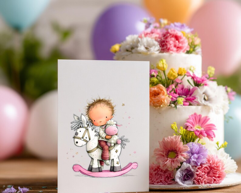 May include: A greeting card featuring a whimsical illustration of a child riding a rocking horse, holding a stuffed lamb. The card is set in front of a tiered cake decorated with colorful flowers and balloons, suggesting a birthday or celebration theme.