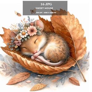 Clipart souris douce - adorable souris fantaisiste jpg, art numérique aquarelle mignon pour cartes, autocollants, t-shirts, sublimation et POD