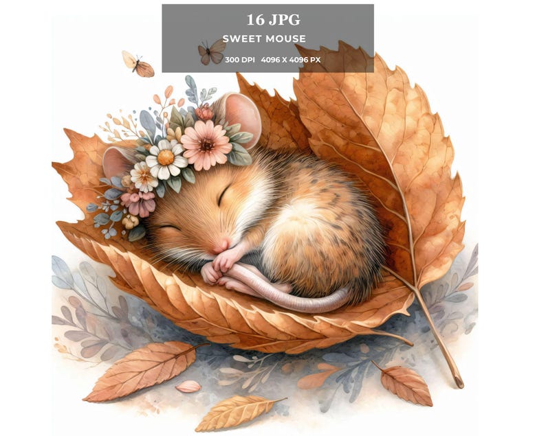 May include: A small brown mouse wearing a flower crown sleeps soundly nestled within a large brown leaf. The mouse is curled up with its tail tucked under its body. The leaf is surrounded by smaller leaves and flowers.