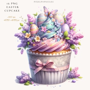 16 Glittering Easter Cupcake Clipart PNG: Watercolor Dessert Set (Digital Download) 1#
