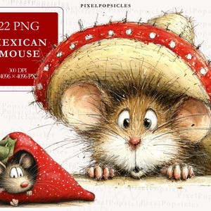 Peut inclure: Une illustration fantaisiste d'une souris portant un sombrero avec une bande rouge et des pois blancs. Une autre souris sort d'un piment rouge. L'image comprend le texte "22 PNG MEXICAN MOUSE".