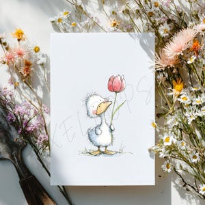 May include: A whimsical illustration of a duckling holding a pink tulip. The duckling is drawn in a soft, watercolor style with a sweet expression. The artwork is set against a white background, with floral accents.