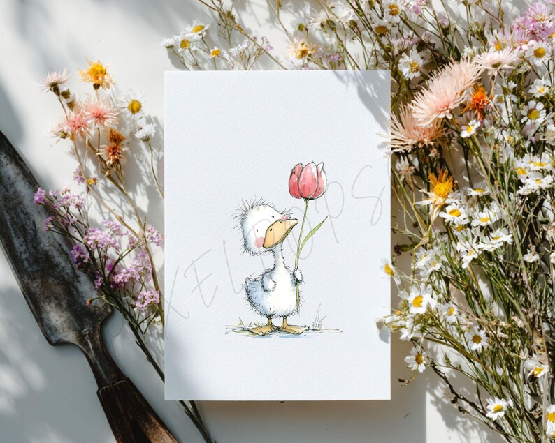 May include: A whimsical illustration of a duckling holding a pink tulip. The duckling is drawn in a soft, watercolor style with a sweet expression. The artwork is set against a white background, with floral accents.