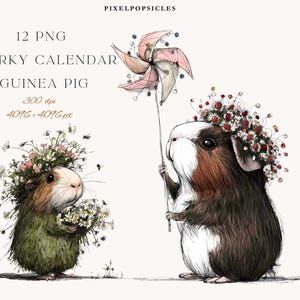 May include: An illustration of two guinea pigs, one holding a bouquet and the other a pinwheel. Both wear flower crowns. The image includes the text "12 PNG Quirky Calendar Guinea Pig". The style is whimsical and detailed.