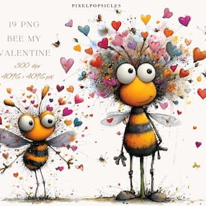 Könnte beinhalten: Verspielte digitale Illustration von zwei Cartoon-Bienen mit herzförmigen Akzenten. Die Bienen sind gelb und schwarz, mit herzförmigen Details und dem Text "BEE MY VALENTINE". Das Bild ist vor einem weißen Hintergrund.