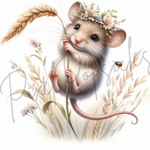 May include: A cute cartoon mouse wearing a flower crown and holding a stalk of wheat. The mouse is surrounded by tall grass and a ladybug.