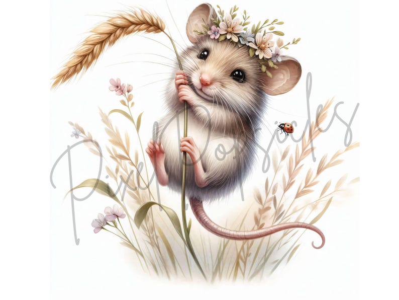 May include: A cute cartoon mouse wearing a flower crown and holding a stalk of wheat. The mouse is surrounded by tall grass and a ladybug.