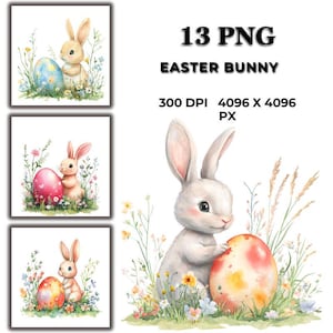 Cute Bunnies with Eggs Clipart – Adorable Easter png Bundle, Whimsical Rabbit Digital Art for Cards, Stickers, Sublimation & POD