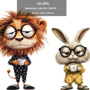 Clipart de animales de café por la mañana: paquete de animales adorables y acogedores en formato jpg, arte digital caprichoso para amantes del café para tarjetas, camisetas y sublimación