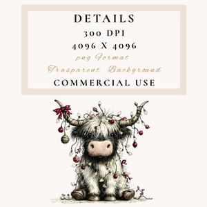 May include: A watercolor illustration of a Highland cow decorated with Christmas lights and ornaments. The cow has long, shaggy white fur, a brown nose, and large horns adorned with red bows and baubles. Text at the top reads "DETAILS".