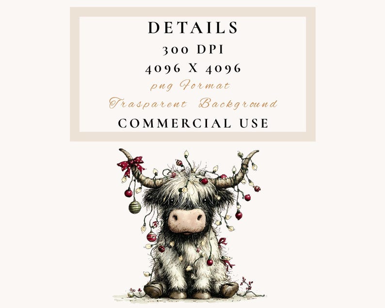 May include: A watercolor illustration of a Highland cow decorated with Christmas lights and ornaments. The cow has long, shaggy white fur, a brown nose, and large horns adorned with red bows and baubles. Text at the top reads "DETAILS".