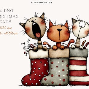 Whimsical Christmas Cats Watercolor Clipart: High-Res PNGs (Digital Download 1#